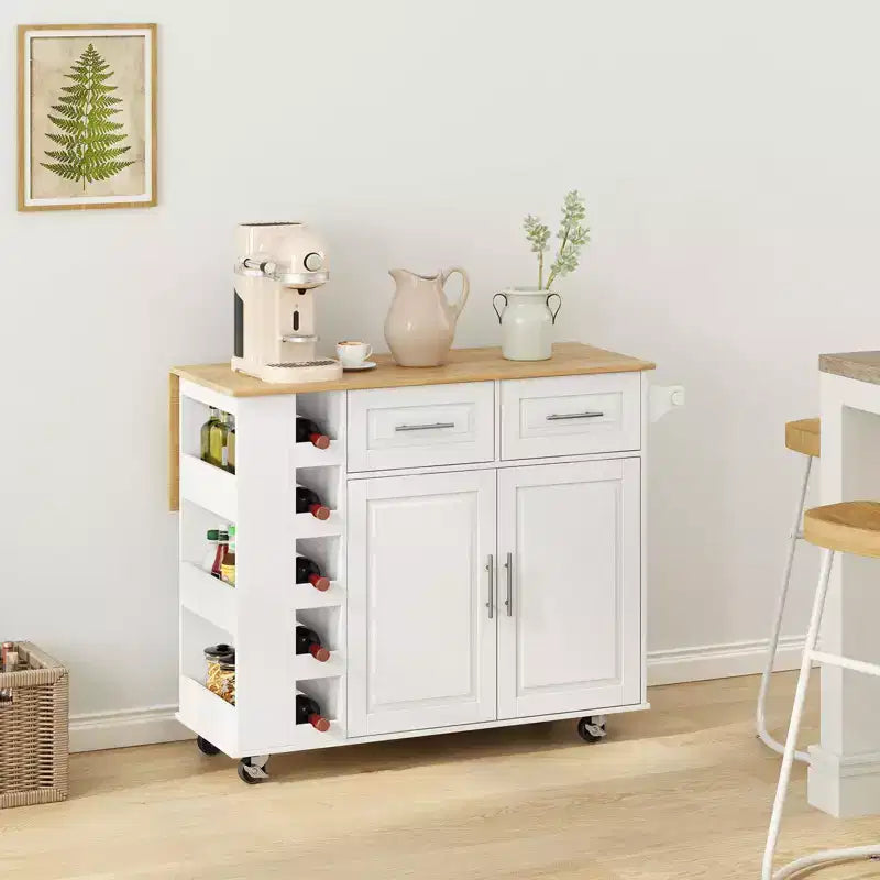 Desserte de cuisine blanche avec placard à 2 portes et 2 tiroirs, plateau pliant en bois d'hévéa, porte-épices et casier à vin