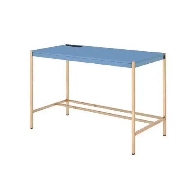 Bureau avec station d'accueil USB et pieds en métal, bleu et or rose