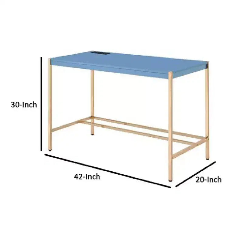Bureau avec station d'accueil USB et pieds en métal, bleu et or rose
