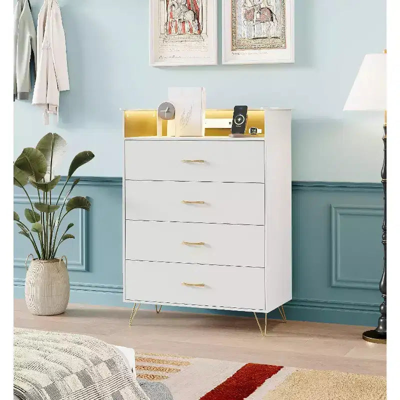 Commode haute à 4 tiroirs, Grande commode en bois à tiroirs pour chambre à coucher, placard, organisation du salon
