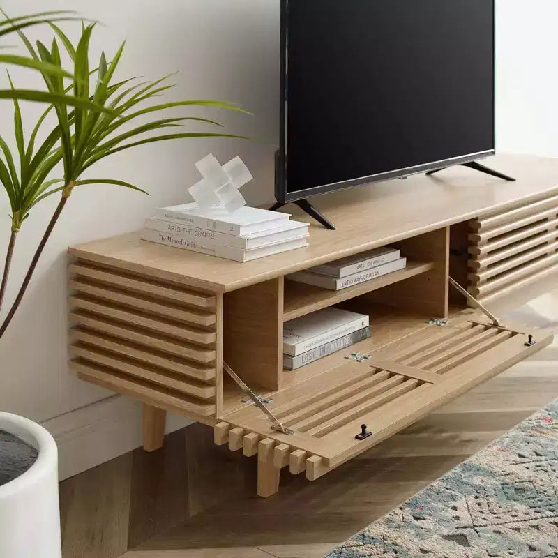 Meuble TV Mid-Century Moderne de 180 cm pour téléviseurs jusqu'à 80", étagères réglables, gestion des câbles, marron