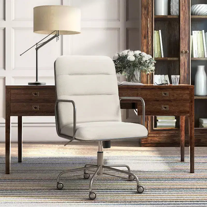 Chaise de bureau moderne Crème/Blanc : Rembourrée, Pivotante, Hauteur réglable, Cadre en bois et métal