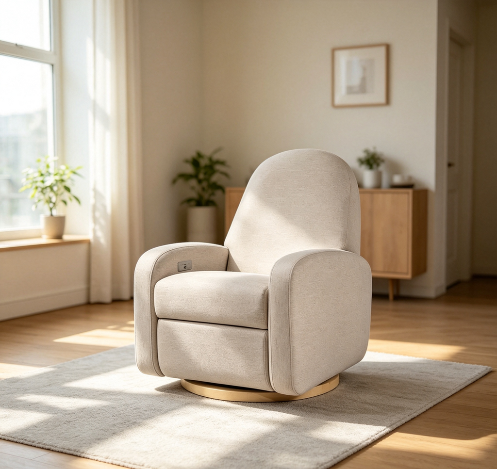 Fauteuil inclinable et pivotant électronique avec port USB, tissu bouclette, chaise de nurserie
