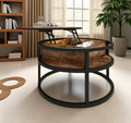 Table basse ronde relevable avec rangement et compartiment caché, petite table centrale de ferme en bois