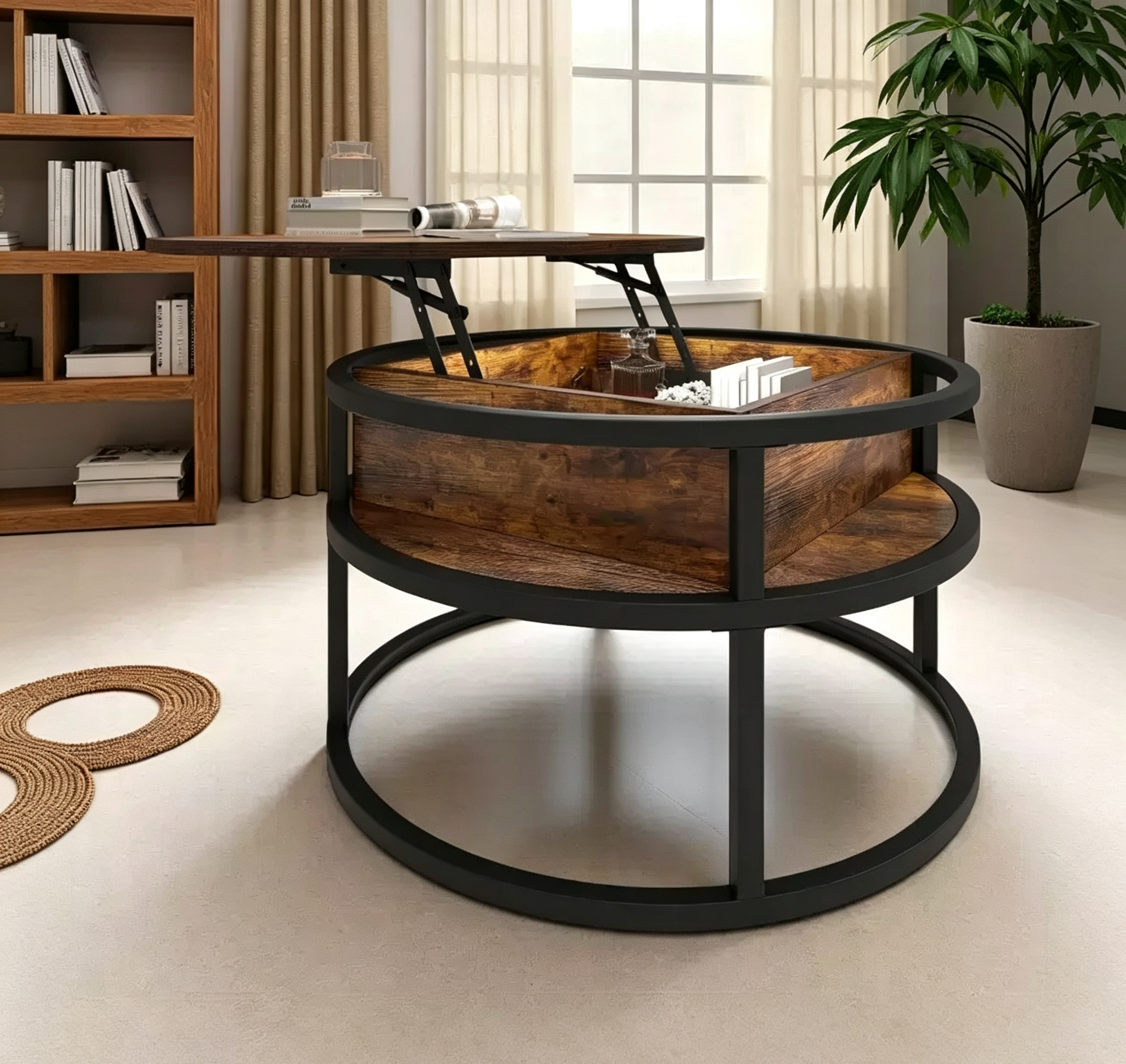 Table basse ronde relevable avec rangement et compartiment caché, petite table centrale de ferme en bois