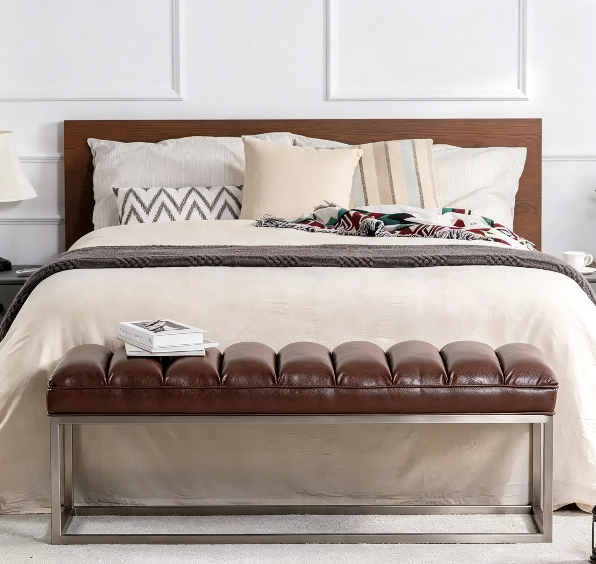 Banc de 137 cm en similicuir rembourré avec base en métal, banc d'entrée moderne pour chambre à coucher et salon