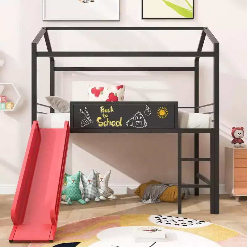 Lit mezzanine enfant avec toboggan et tableau, en métal, pour une aire de jeux amusante