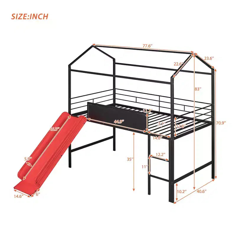 Lit mezzanine enfant avec toboggan et tableau, en métal, pour une aire de jeux amusante