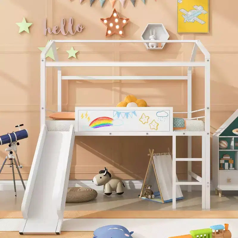 Lit mezzanine enfant avec toboggan et tableau, en métal, pour une aire de jeux amusante