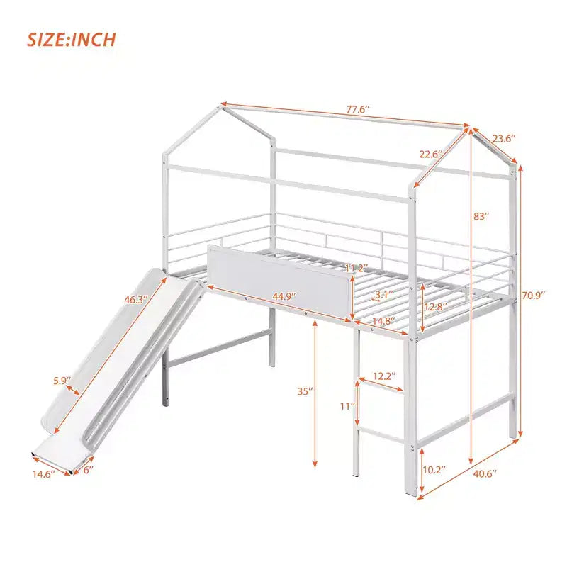 Lit mezzanine enfant avec toboggan et tableau, en métal, pour une aire de jeux amusante