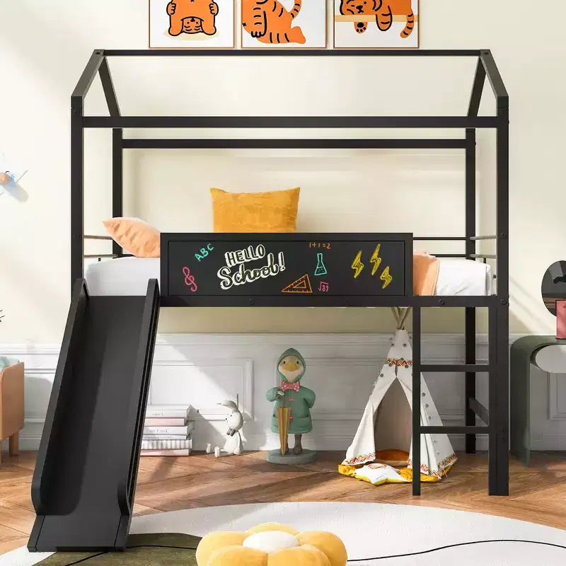 Lit mezzanine enfant avec toboggan et tableau, en métal, pour une aire de jeux amusante