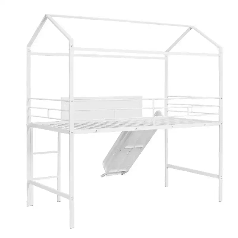Lit mezzanine enfant avec toboggan et tableau, en métal, pour une aire de jeux amusante