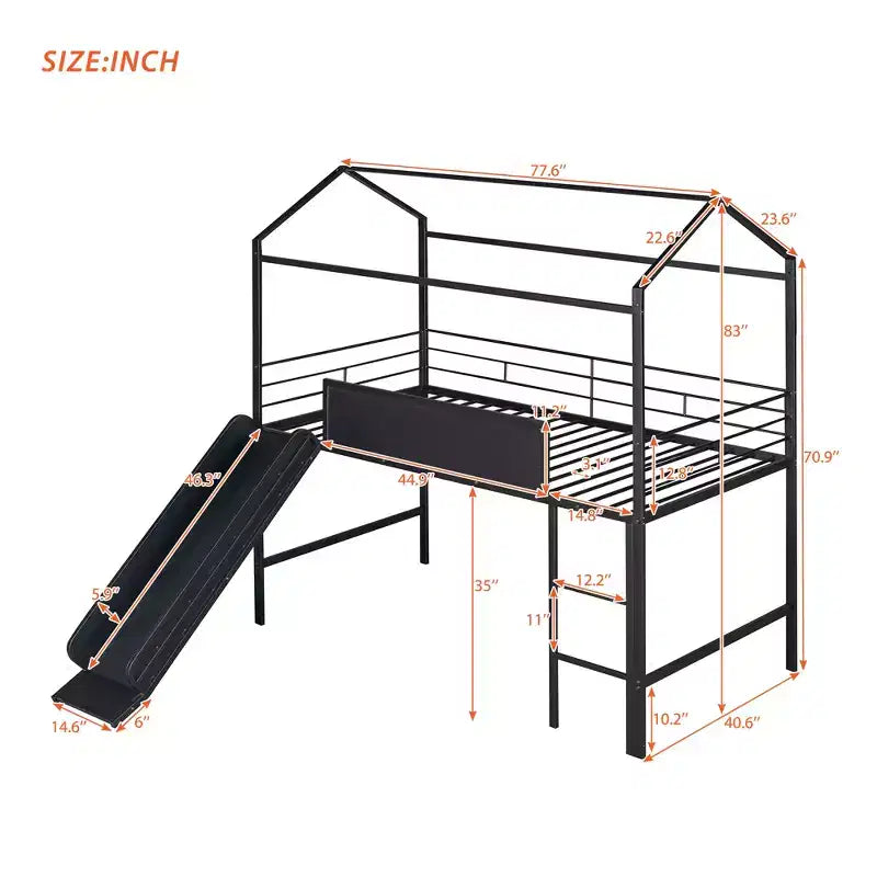 Lit mezzanine enfant avec toboggan et tableau, en métal, pour une aire de jeux amusante