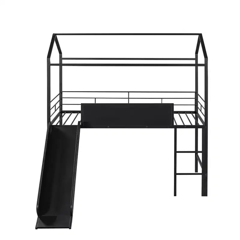 Lit mezzanine enfant avec toboggan et tableau, en métal, pour une aire de jeux amusante