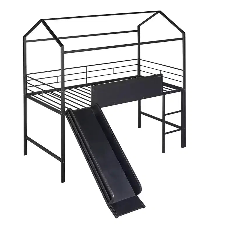 Lit mezzanine enfant avec toboggan et tableau, en métal, pour une aire de jeux amusante