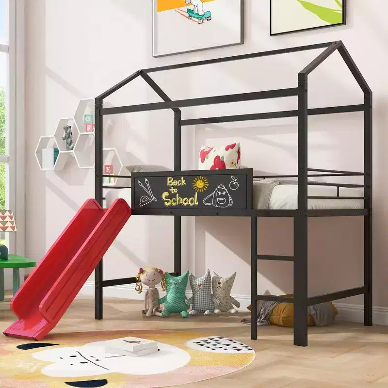Lit mezzanine enfant avec toboggan et tableau, en métal, pour une aire de jeux amusante