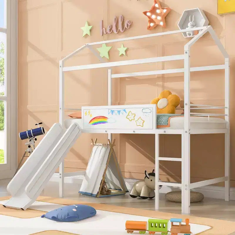 Lit mezzanine enfant avec toboggan et tableau, en métal, pour une aire de jeux amusante